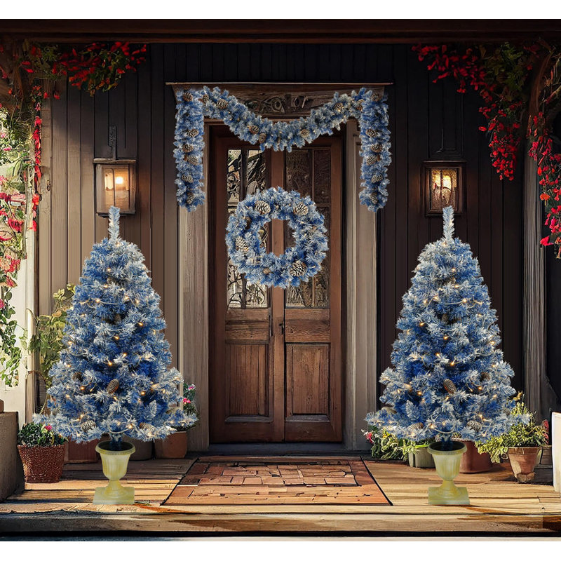 Ensemble de 4 pièces de Noël pré-éclairé - arbre de Noël artificiel, guirlande, couronne et 2 arbres d'entrée avec lumières DEL