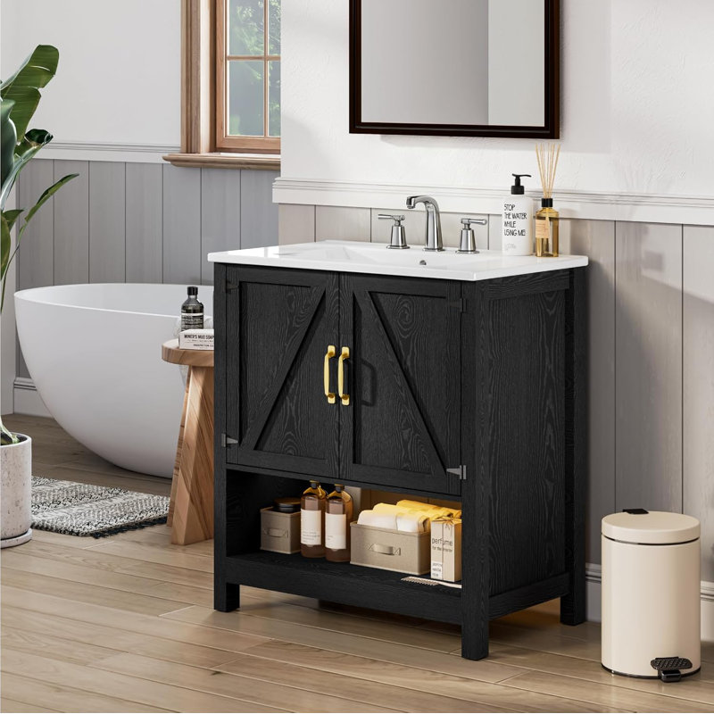 Meuble-lavabo simple 30 po avec comptoir en céramique et lumière DEL, Noir, Triple