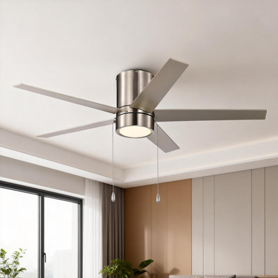 52 In. Indoor Flush Mount Brushed Nickel Ceiling Fan With 5 Blades, Pull Chain