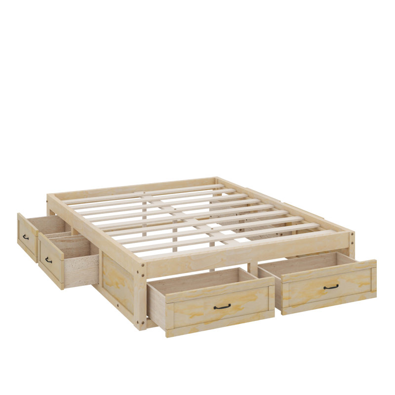 Lit plateforme double avec 6 tiroirs, Naturel antique