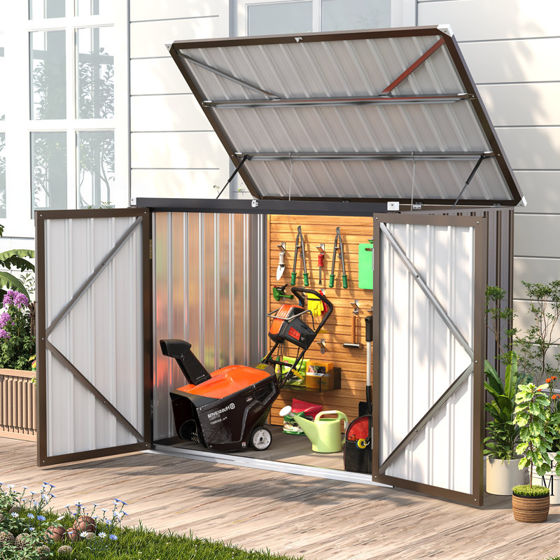 Outdoor Trash Can Storage Shed For 3 Garbage Cans, 5'x3', Brown