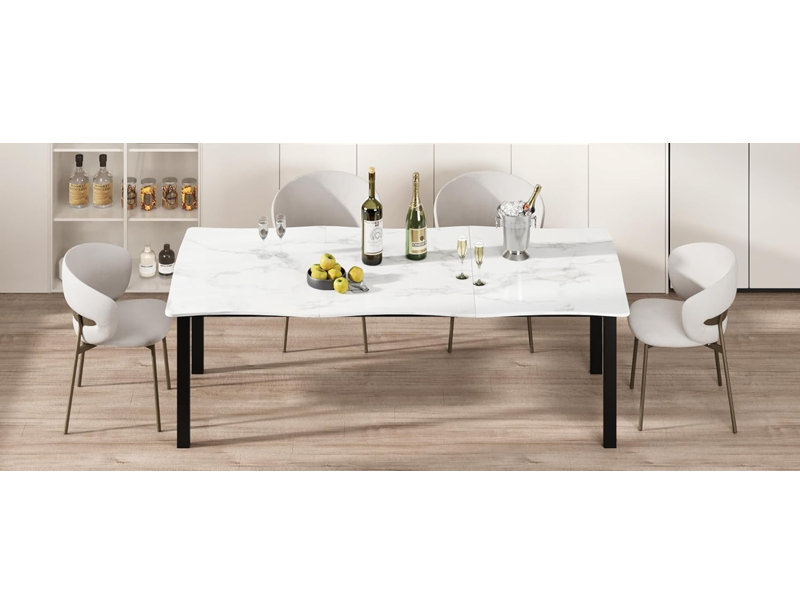 Table de salle à manger pour table rectangulaire de 6-8, 78,7 pouces avec bord ondulé unique, plateau en panneau de fibres à densité moyenne de 15 mm d'épaisseur, structure en métal robuste, surface imperméable et résistante aux égratignures, polyvalente