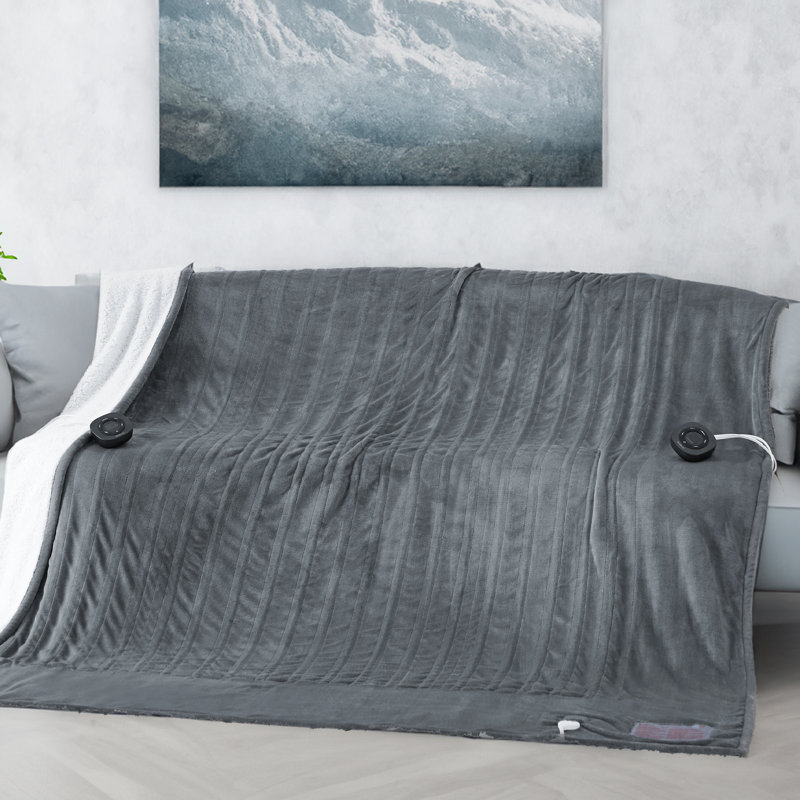 Couvre-lit à chauffage doux avec préchauffage - flanelle et sherpa, 6 réglages de chaleur, certifié ETL, Très grand lit, Gris