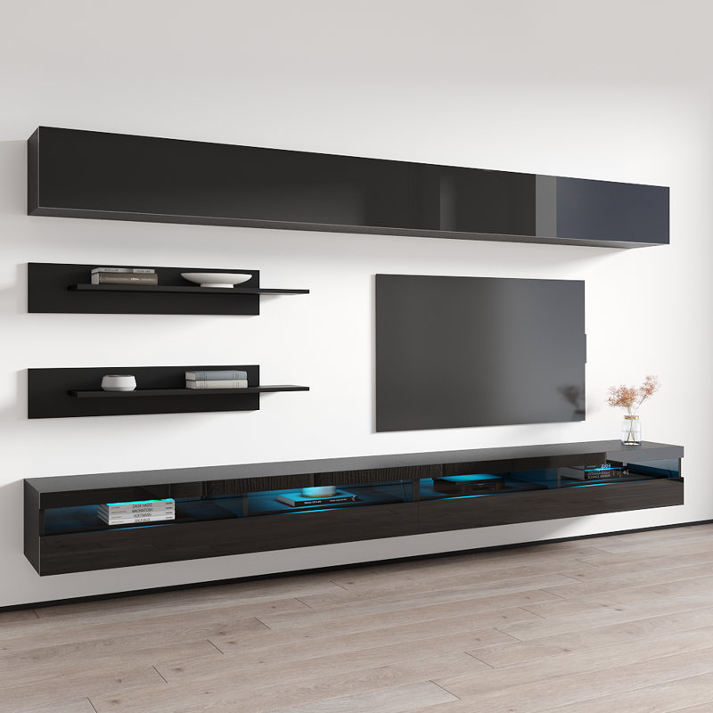 Bellago 126" Modern Floating Wall Mounted Entertainment Center with 16-Color LED Lighting, High Gloss Finish, Black