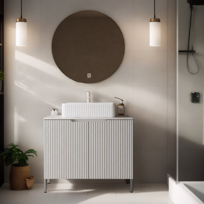 Meuble-lavabo 30 po, comptoir en pierre frittée Carrara, lavabo en céramique, Blanc, Blanc