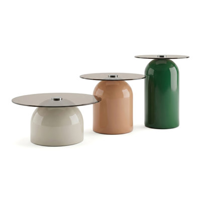 Three-Piece Nesting Coffee Table Set With A Gray Glass Top And Round Side Tables In Brown And Green, Perfect For Living Rooms And Offices
