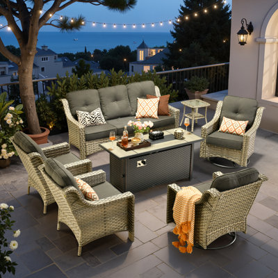 Emanuell 7 - Person Wicker Outdoor Conversation Set, Patio Sofa & Swivel Chair Set with Fire Pit and Cushions