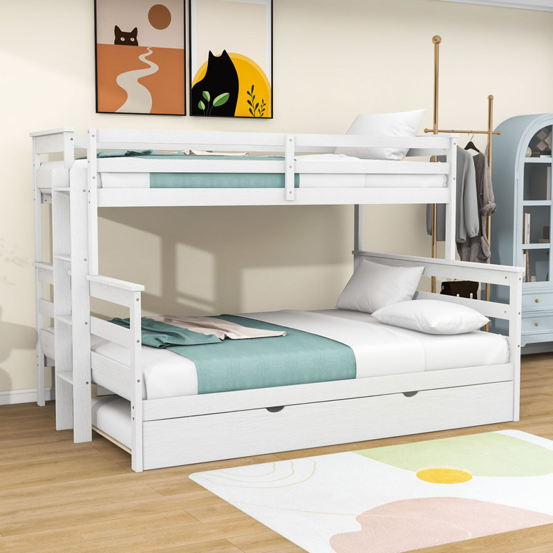 Twin XL over Queen Bunk Bed with Twin Trundle,Ladder, White