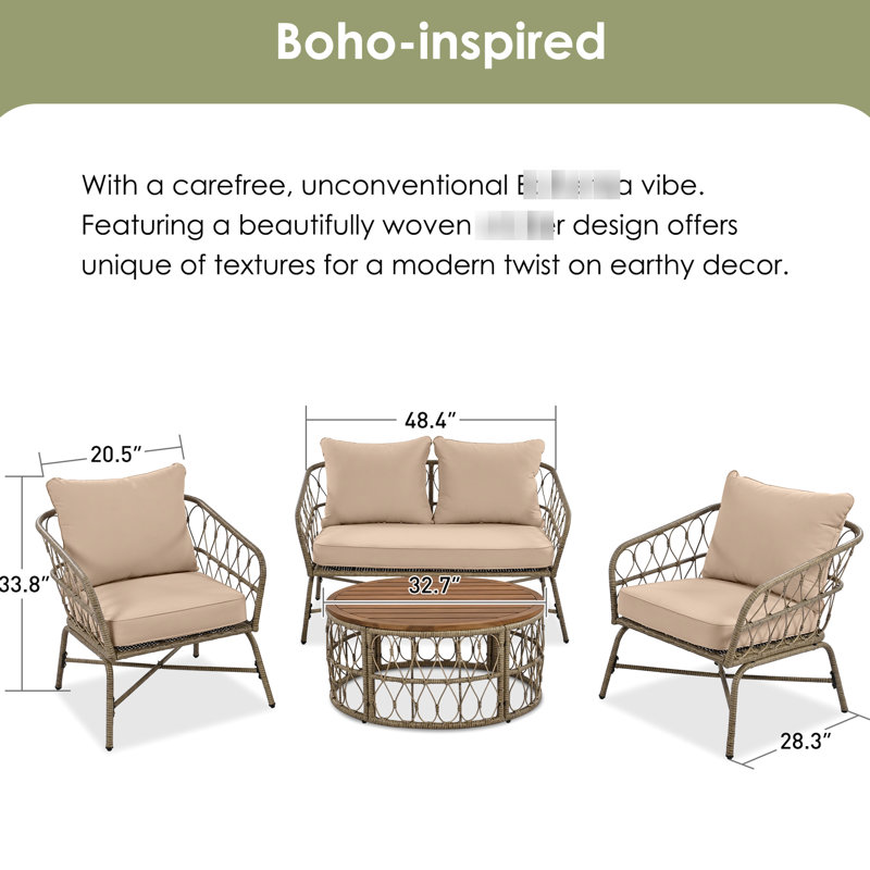 Sièges de patio au design moderne et terreux, coussins amovibles, beige, plateau de table ovale en bois surdimensionné, beige, table