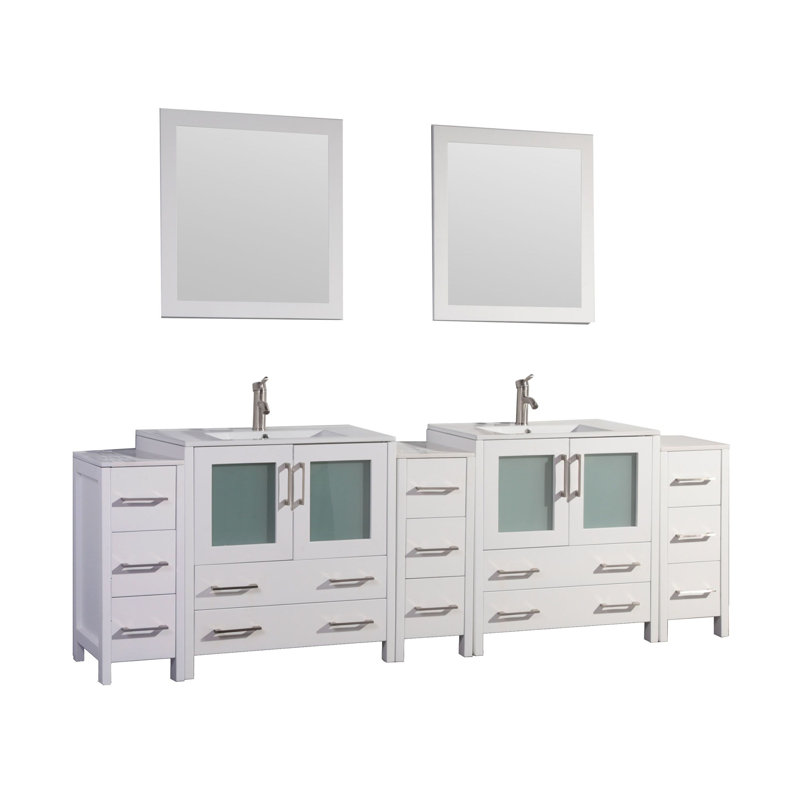 Karson 96'' Double Bathroom Vanity with Ceramic Top with Mirror, White