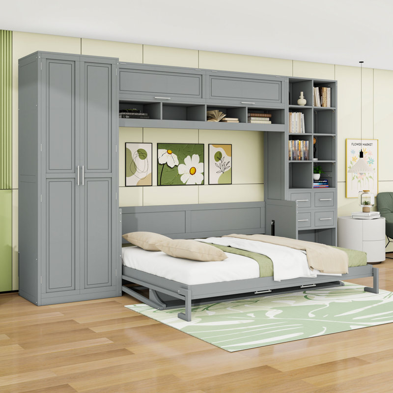 Lit escamotable 2 tiroirs en bois avec tablettes et garde-robe intégré, gris, Grand