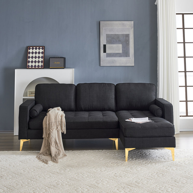 Upholstered 85.83'' Sofa & Chaise, Black 100% Linen