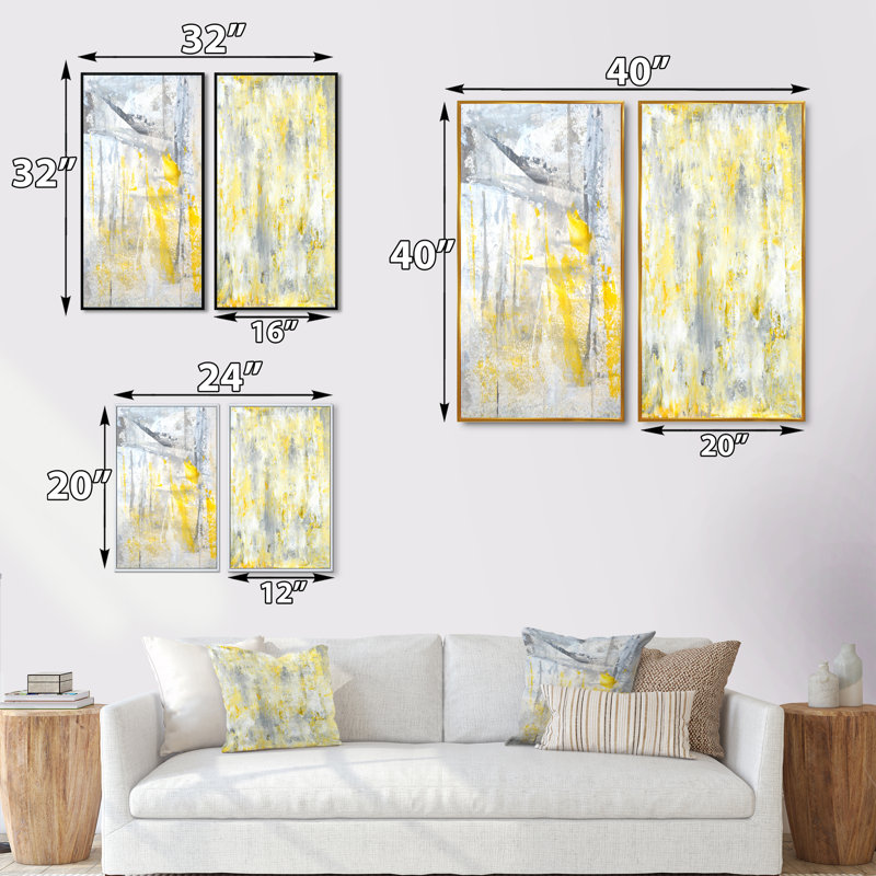 «Gray and Yellow Merging Abstract», ensemble de 2 reproductions sur toile, H 40 po x l 40 po x P 1 po, Cadre flottant doré