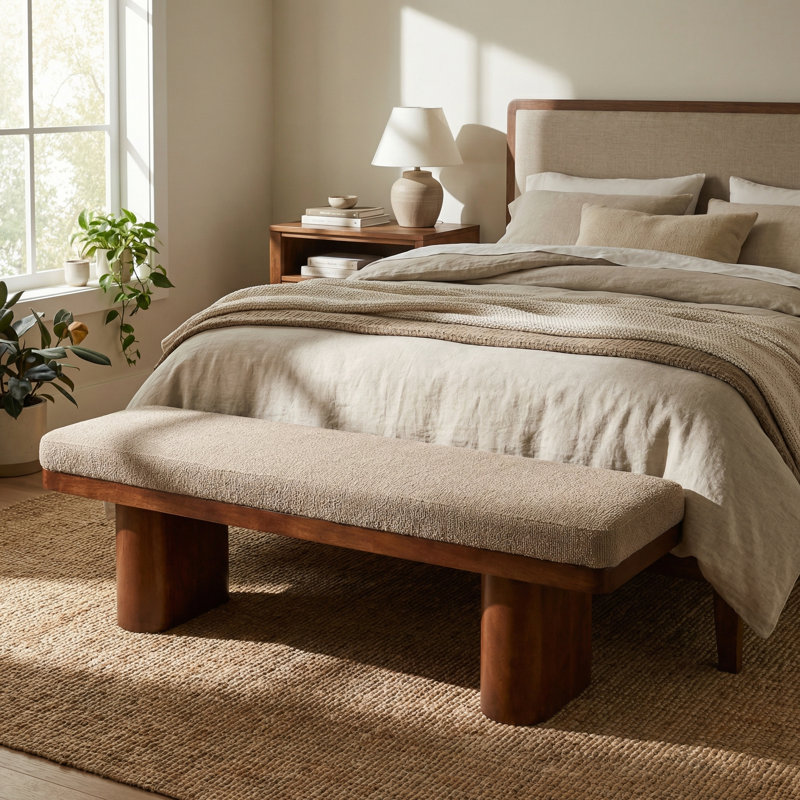Lindeno 55" Modern Farmhouse  Upholstered Bench with Solid Rubber Wood Legs, Light Brown Boucle
