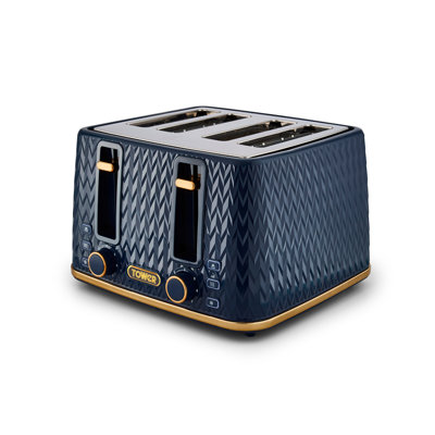 Tower Empire 4-Slice Toaster with Defrost/Stop, Removable Crumb Tray, 1600W, Brass Accents