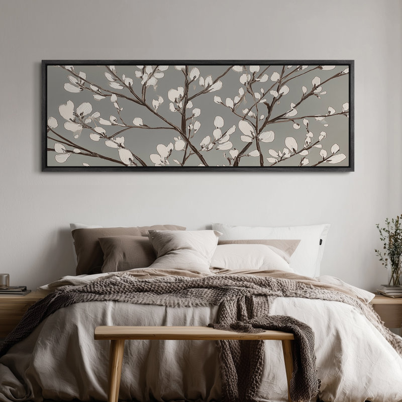Branches blanches en fleurs sur fond gris pour impression d'art de chambre à coucher ou de vestibule, H 20 po x l 60 po, Noir