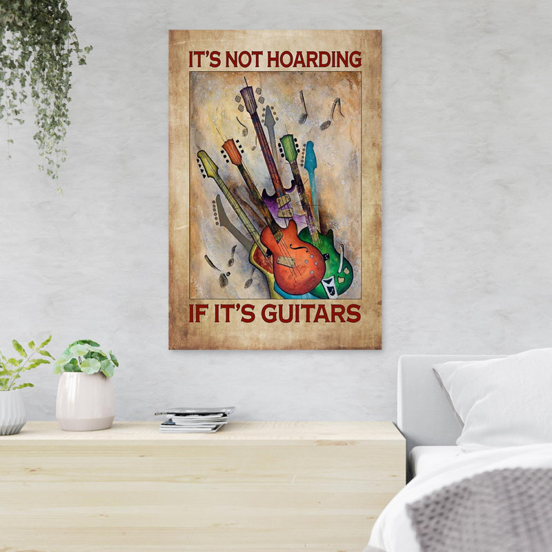 Guitares colorées sur fond brun - It's Not Hoarding If It's Guitars - 1 pièce, impression d'art graphique rectangulaire sur toile tendue