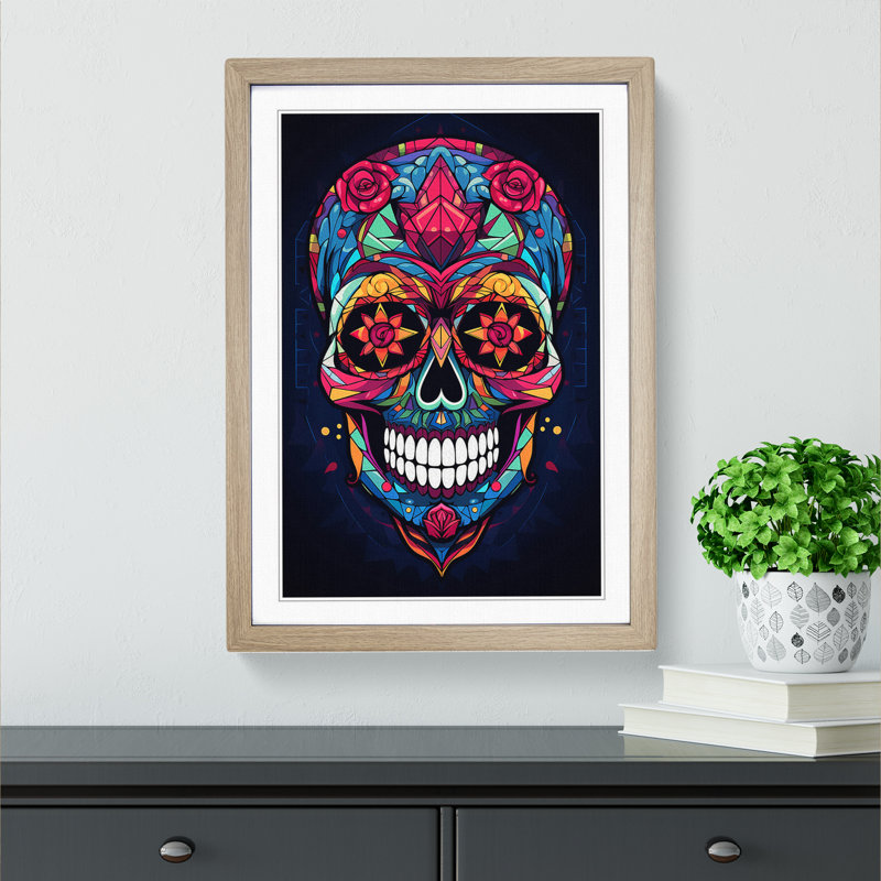 Sugar Skull Geometric Art - Framed Print, Oak Framed, 46cm H x 34cm W x 2cm D