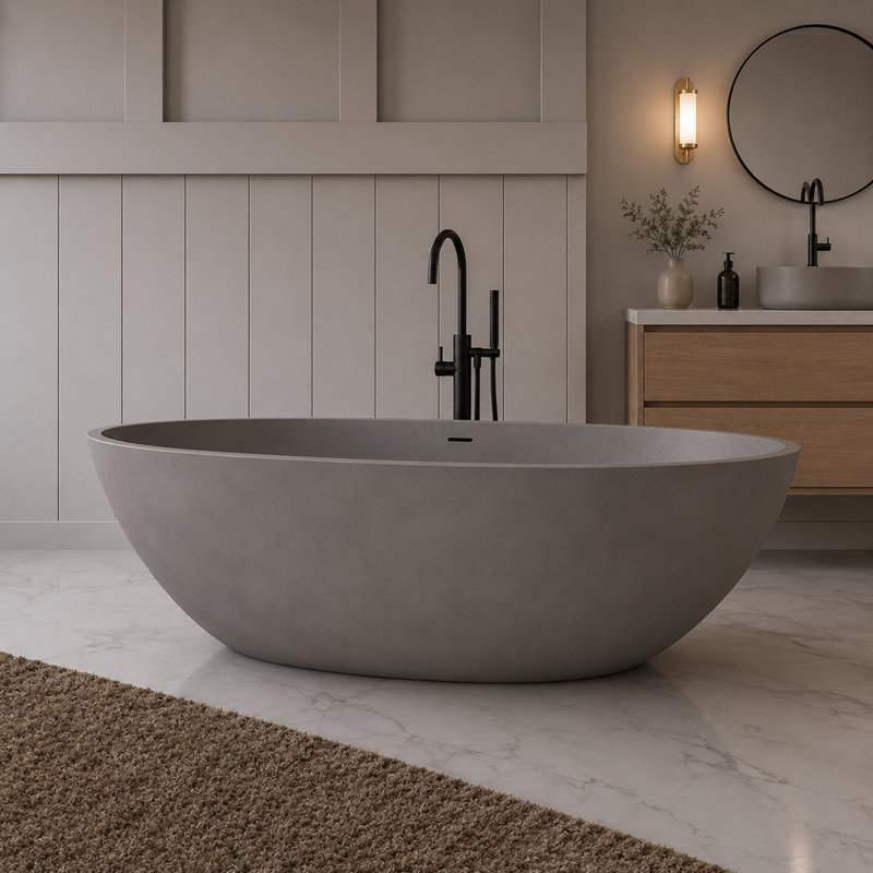 75" x 40" Freestanding Soaking Cement Bathtub, Gray 