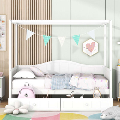 Lit de jour simple à baldaquin en bois avec 2 tiroirs, finition élégante et rangement compact pour les chambres modernes (sans matelas)