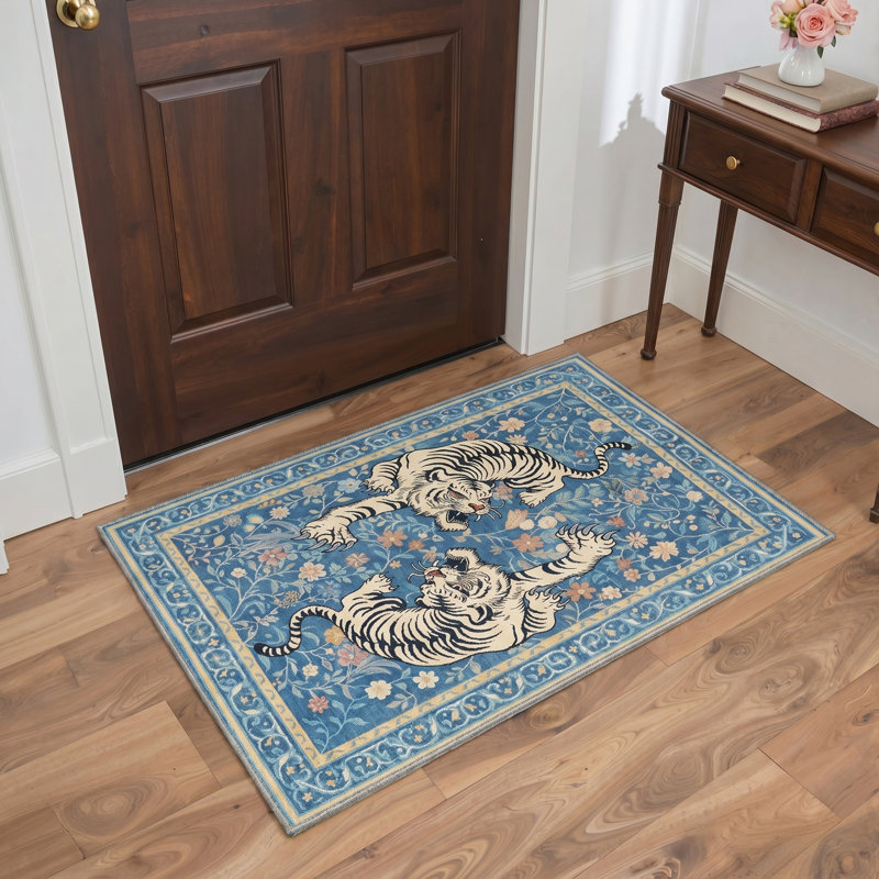 Teiarra Tigris Animal Print Machine Washable Blue / Beige Indoor Area Rug with Non-Slip Backing, Rectangle 6' x 9'