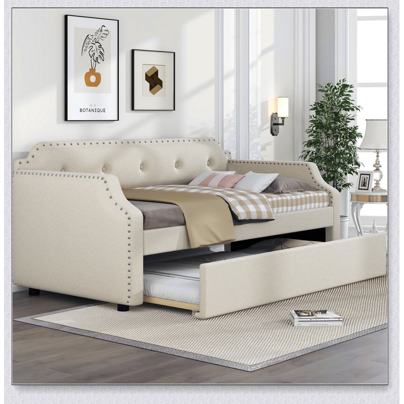 Upholstered Daybed With Trundle, Wood Slat Support,Upholstered Frame Sofa Bed, Beige