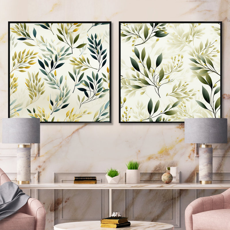 Zen Leaves III - Ensemble de 2 collages carrés floral et botanique, Cadre flottant noir, H 16 po x l 33 po