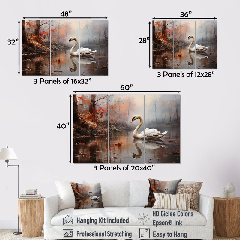 Ensemble de décoration murale Swan dans la brume, H 32 po x l 48 po