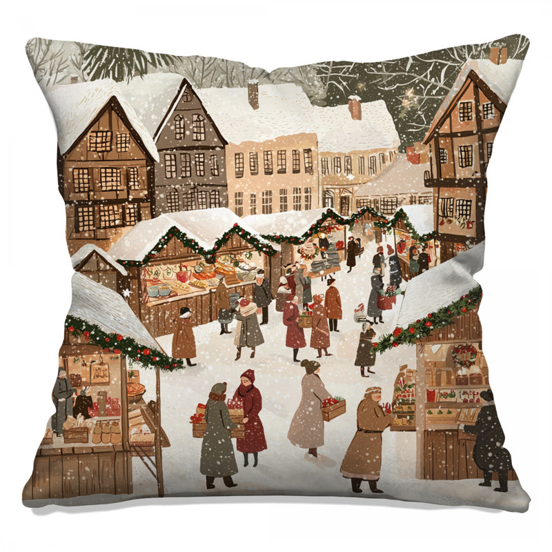 Winter Market Scene Double Sided Throw Pillows, 14 x 14 inches