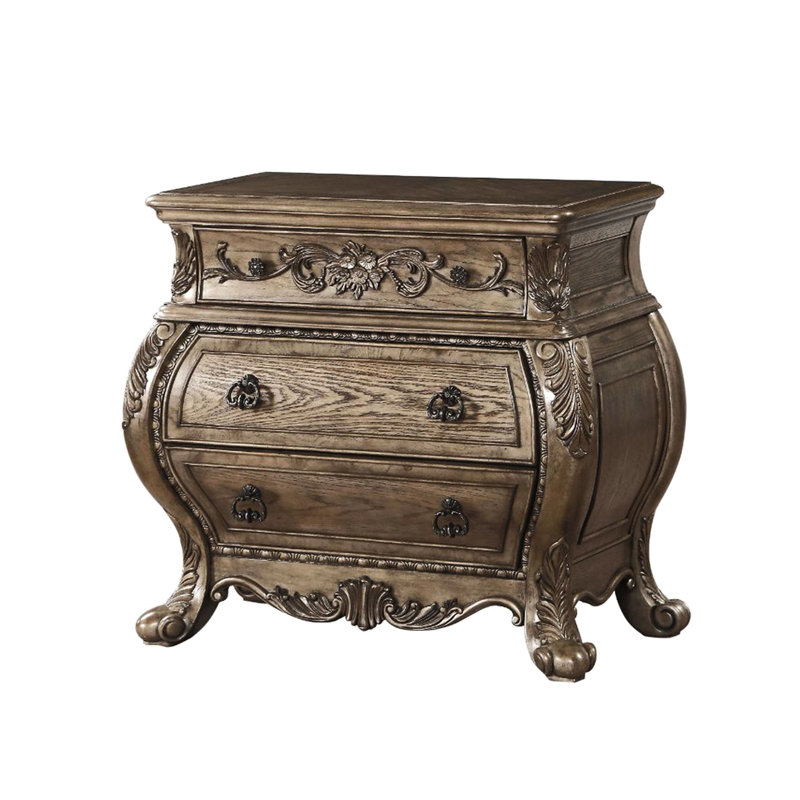 Table de chevet 3 tiroirs en chêne brun avec tiroir supérieur doublé de feutre et tiroirs latéraux coulissants en métal
