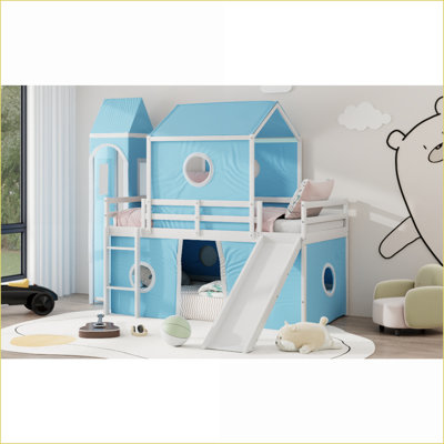 Twin Size Pinewood Loft Bed with Slide, Pink Tent and Tower - Blue