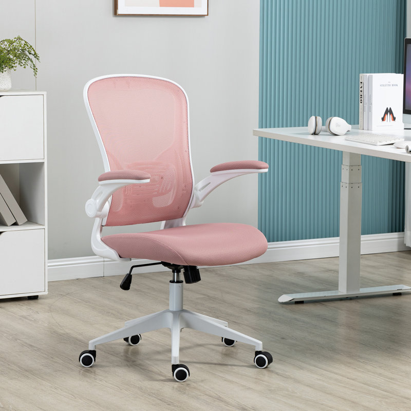 Modern Ergonomic Mid Back Mesh Office Chair with Adjustable Lumbar Support and Flip-Up Arms, White/Pink