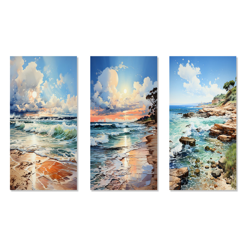 Coastal Tranquility Horizon - Ensemble de 3 décorations murales océan, H 40 po x l 60 po, Toile tendue