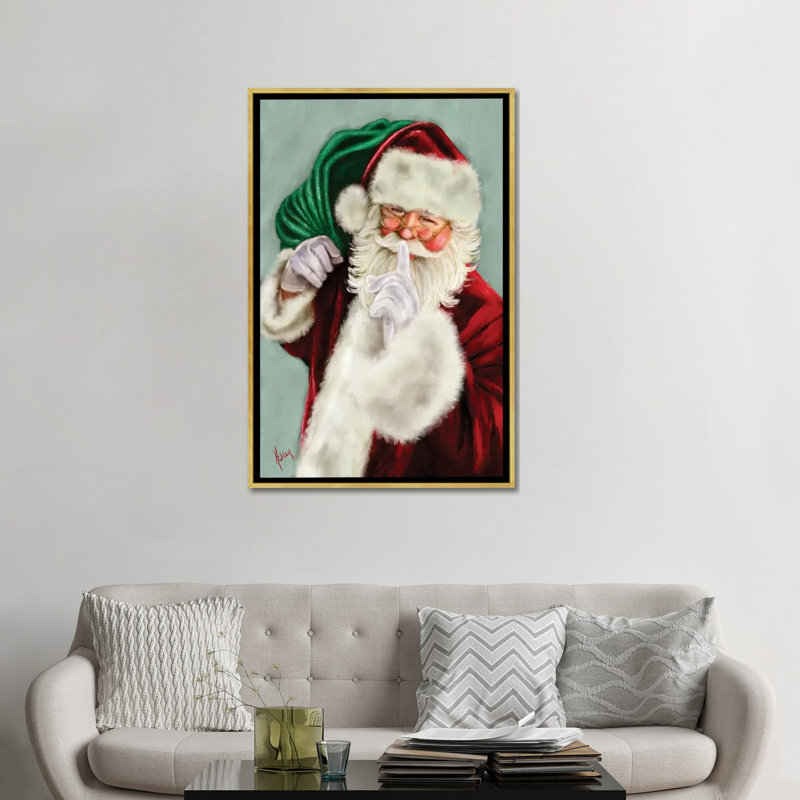 Shush Santa - reproduction d'art murale - toile encadrée, H 48 po x l 32 po, Cadre flottant sans passe-partout, Doré