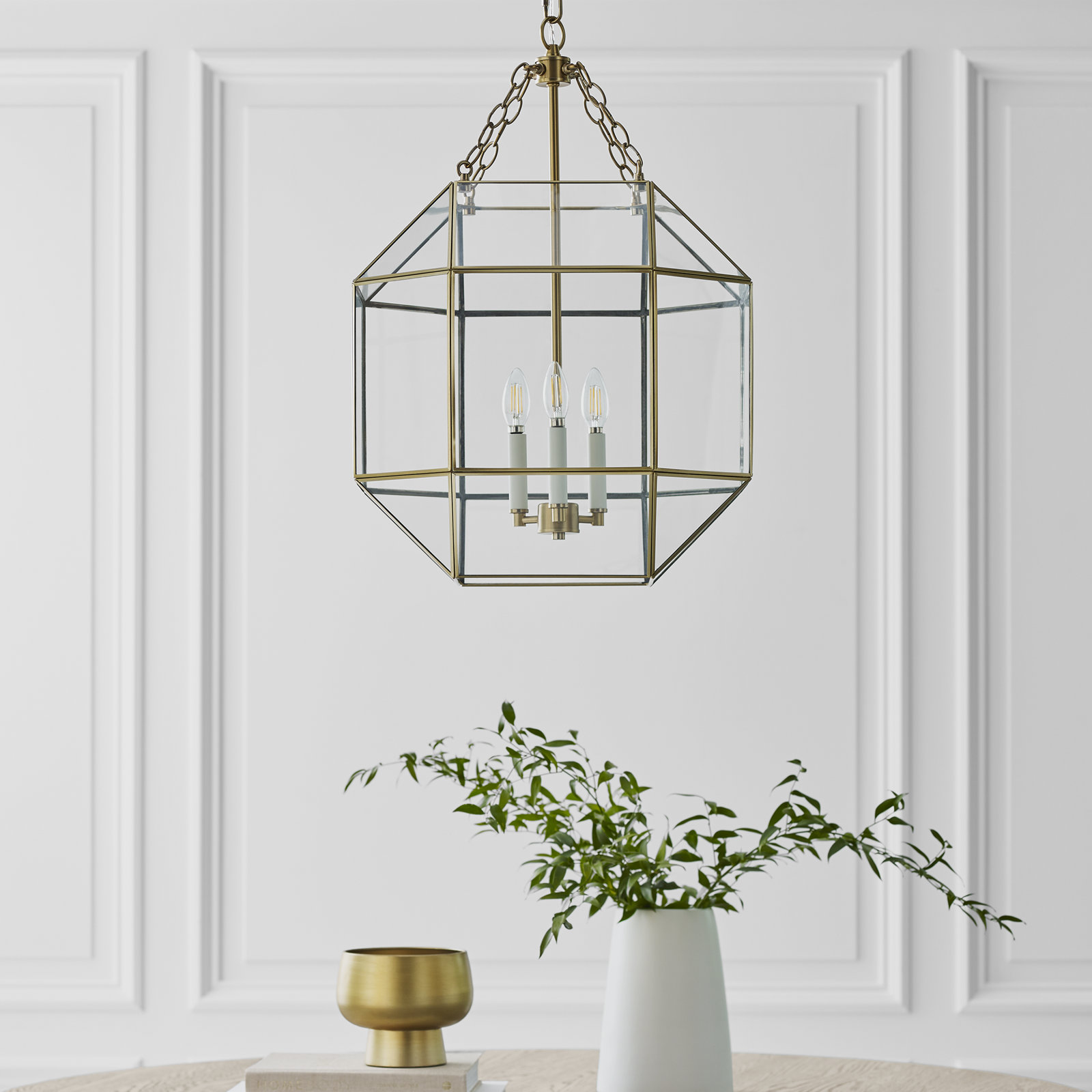 Reid 3 Light Glass Dimmable Pendant, 27.25" H x 18.5" W x 18.5" D, Satin Brass, Clear