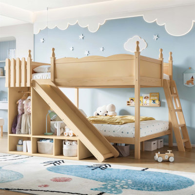 Full over Full Bunk Bed with Storage Shelves, Solid Wood Construction, Slide and Ladders, Low Profile Design for Safety and Fun(Without Mattress)