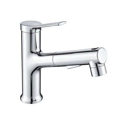 Robinet de salle de bain escamotable en chrome poli 0Ontz, robinet de meuble-lavabo à poignée simple en laiton massif avec 2 modes de débit d'eau, mélangeur d'eau chaude et froide avec pulvérisateur rétractable et fonction de rinçage buccal