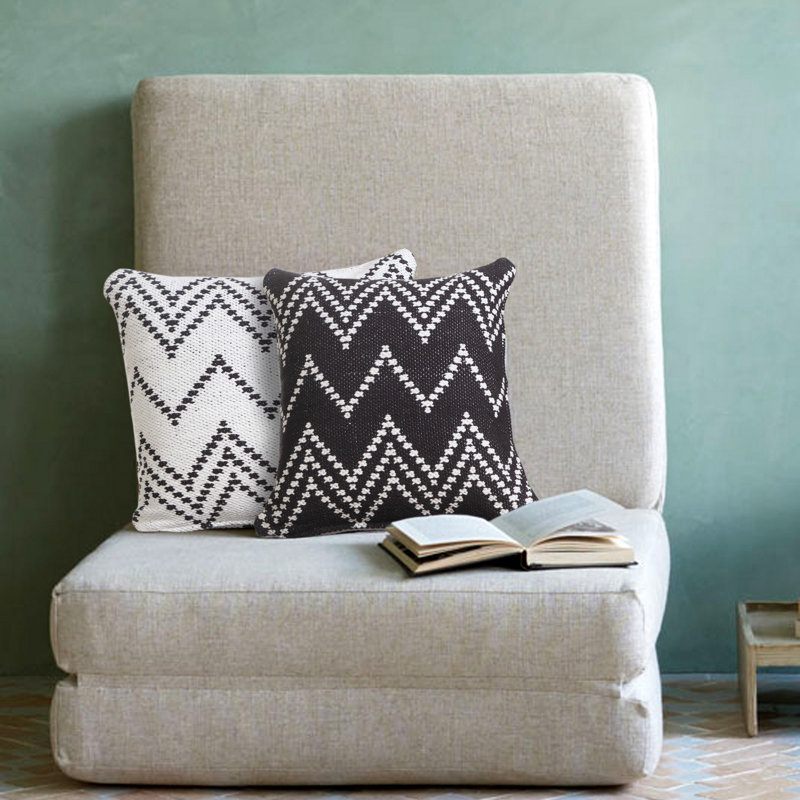 Hand-Woven White and Black Chevron Cotton Square Pillow Cover