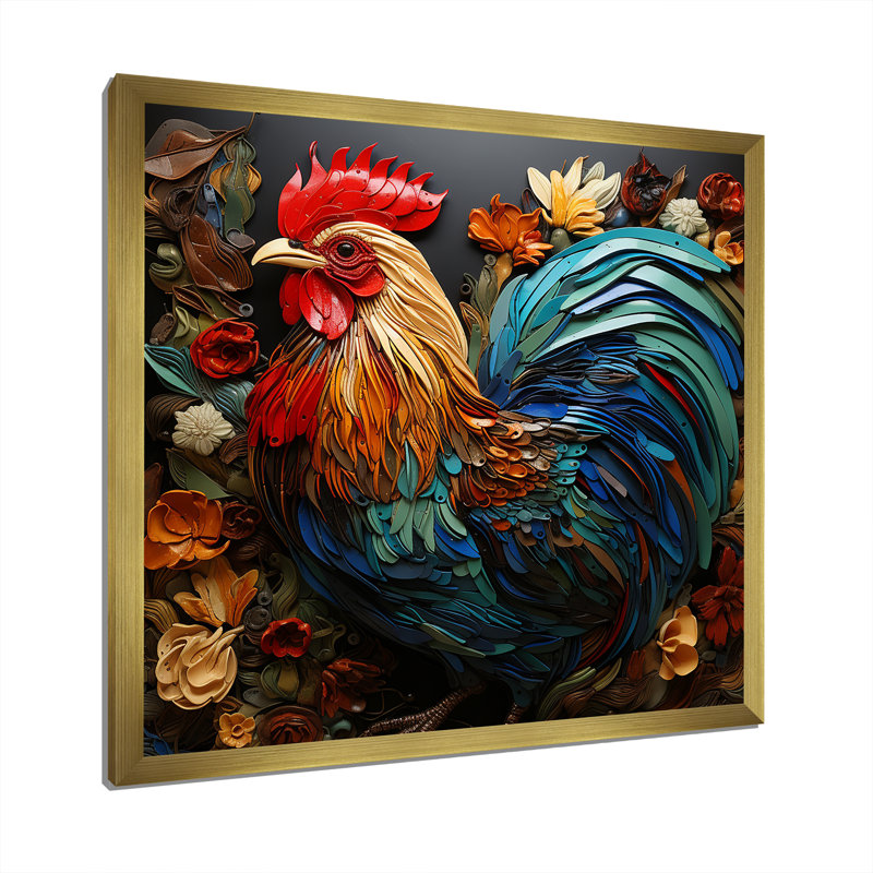 Art mural moderne coq moderne - poulailler, Cadre doré simple, H 30 po x l 30 po x P 1,5 po