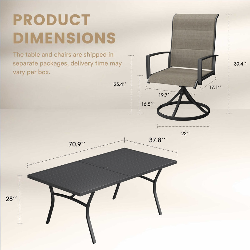 6-Person Outdoor Rectangular Patio Dining Set With  Swivel Chairs, Black/Brown