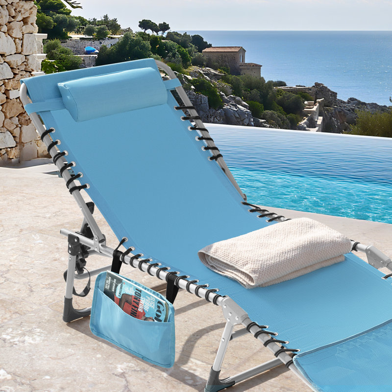 Outdoor Adjustable PVC-coated polyester Lounge Chair Folding Tanning Chair With Pillow, Blue