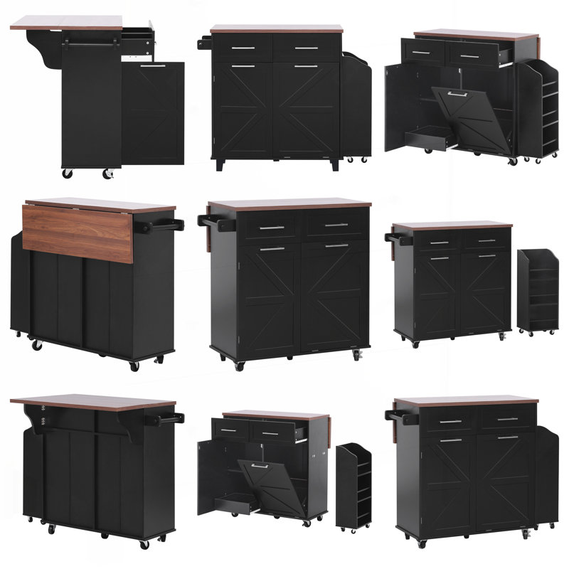 47.2" Farmhouse Kitchen Island with Drop Leaf, Black