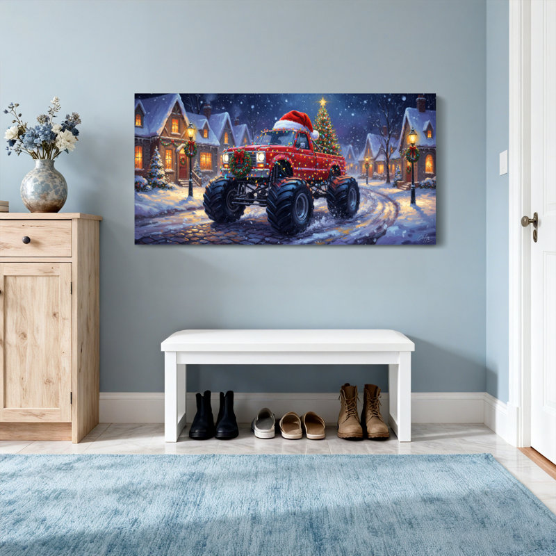 Camion de Noël avec un chapeau de père Noël et un arbre, H 20 po x l 40 po