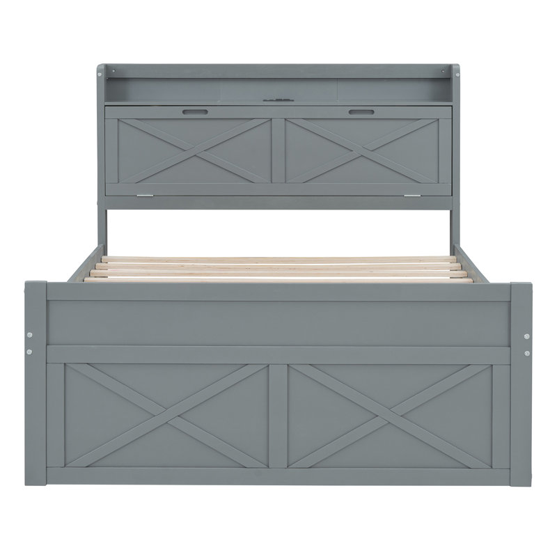 Lit en bois de taille avec tête de lit de rangement avec prises de courant, lit extensible avec lit gigogne de taille avec trois tiroirs de rangement