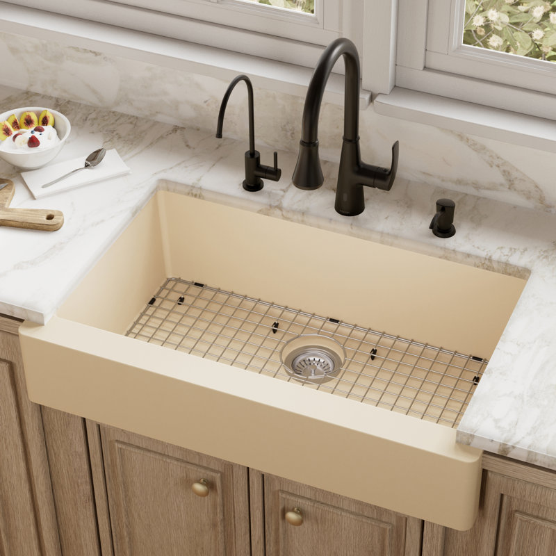 Ensemble d'évier de cuisine à tablier simple à tablier frontal 34 po x 21 1/4 po Karran Quartz, Bisque