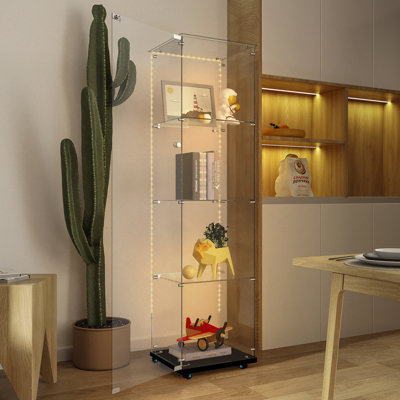Tempered Glass Display Cabinet,Wine Cabinet, Storage Cabinet,File Cabinet, Tempered Glass Top,Bluetooth LED Light Strip,With Door Lock,Suitable For Living Room, Bedroom,Hallway,Office,Color:Black
