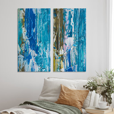 Shades of Blue Abstract Brushes - Ensemble de 2 peintures sur toiles