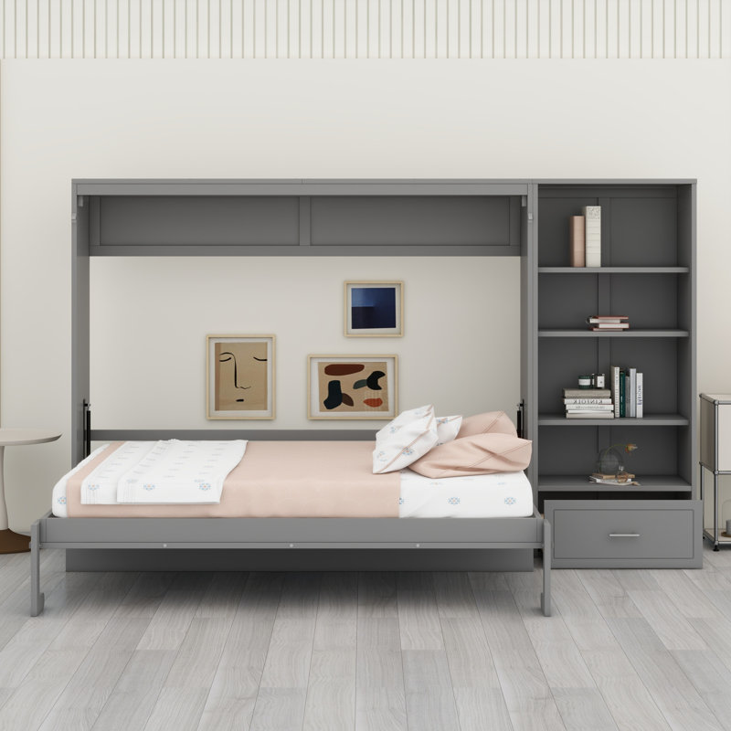 Lit escamotable avec compartiment de rangement et tiroir, Gris