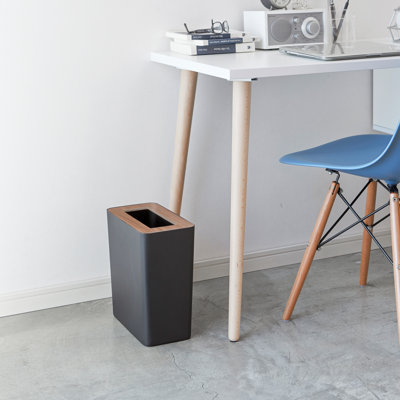 Rin Yamazaki Home Slim Rectangular Trash Can For Kitchen Bathroom Bedroom, Steel + Wood, 2.5 gallons
