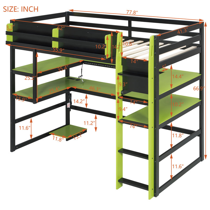 Modern Gaming Loft Bed With Lighted Desk, Storage Bookcase, Racks And Power Outlets, Twin, Green